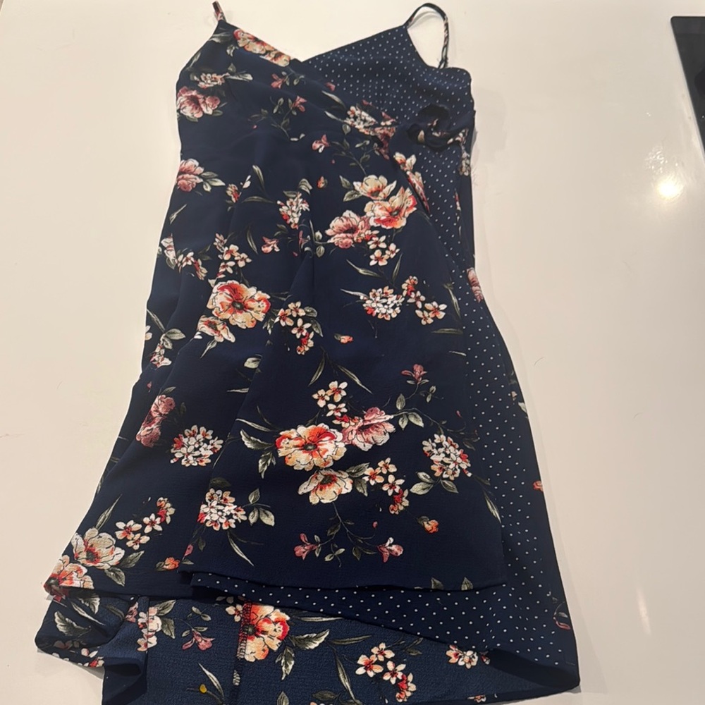 Aqua Navy Floral Dress with Polka Dots